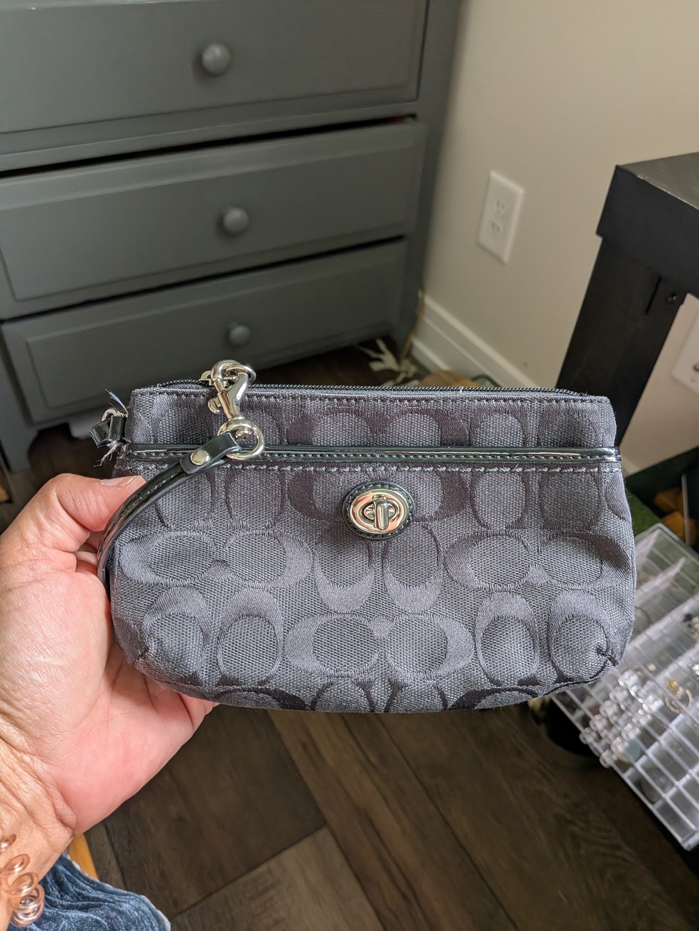 Coach Gray Signature Wristlet with Turnlock Closure